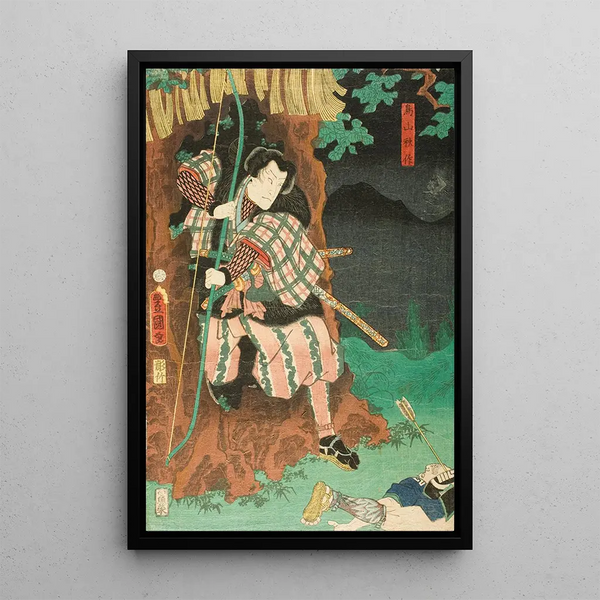 Actor in the role of Toriyama Akisaku in the Play Shiranui Monogatari - Utagawa Kunisada Toyokuni III — framed artwork on a wall