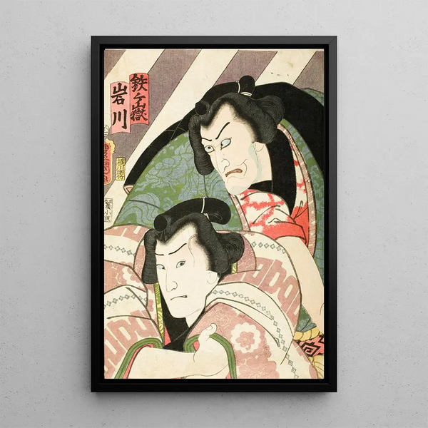 Acteurs Ichikawa Ebiz V in Tetsugatake and Onoe Kikugor IV in Iwakawa - Utagawa Kunisada Toyokuni III — framed artwork on a wall