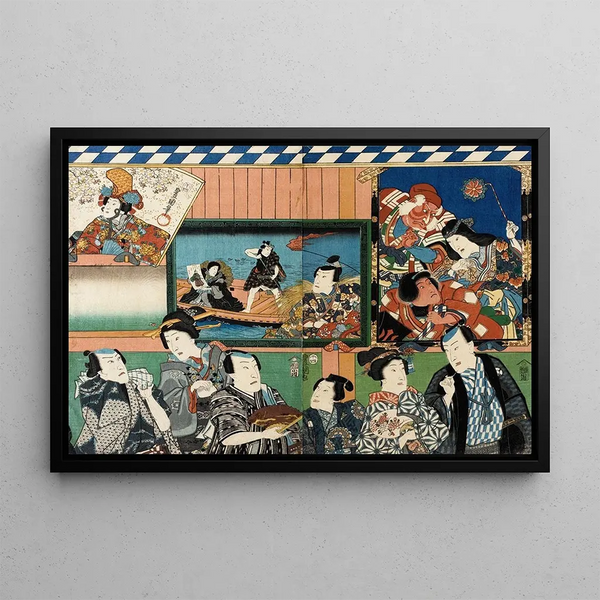 Actors looking at votive images of themselves - Utagawa Kunisada Toyokuni III — framed artwork on a wall