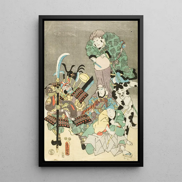 Actors in Ebisu Fukurokuju Benkei Fox and Hunter in the Style of tsue - Utagawa Kunisada Toyokuni III — framed artwork on a wall