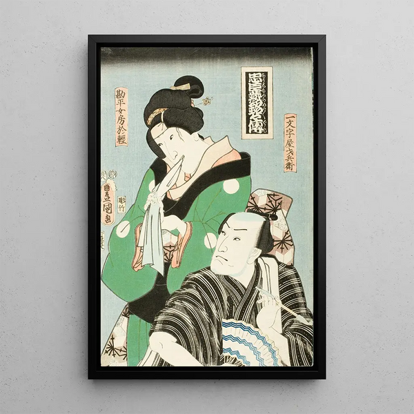 Actors in the Roles of the Woman by Kanpei Okaru and Ichimonjiya Saibei from the Play Chshingura - Utagawa Kunisada Toyokuni III — framed artwork on a wall