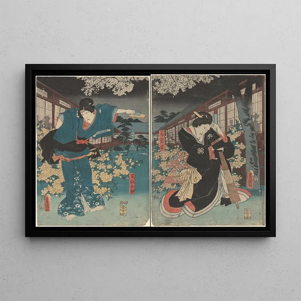 Acteurs dans les rôles d'Ohatsu et Iwafuji - Utagawa Kunisada Toyokuni III — framed artwork on a wall