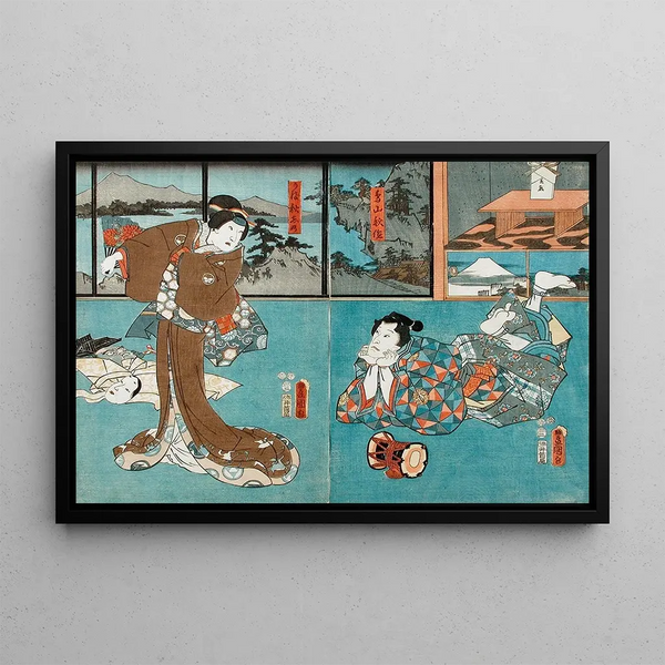 Acteurs dans les rôles de Toriyama Shôsaku et Uba Akishino - Utagawa Kunisada Toyokuni III — framed artwork on a wall