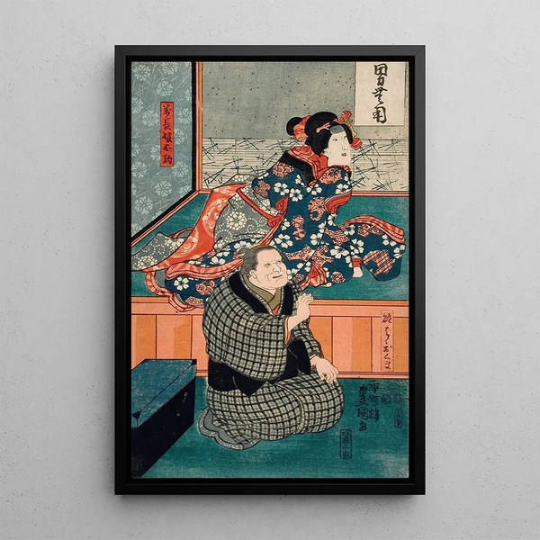 Arashi Otohachi III in Makanaibaba Okuma and Iwai Kumesabur II in Manchs Okoma girl - Utagawa Kunisada Toyokuni III — framed artwork on a wall