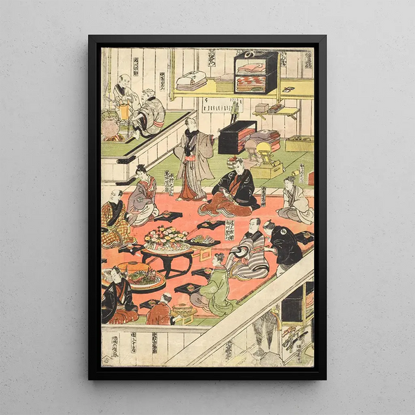 Celebrations Behind the Scenes of a Complete Success at Nakamura Theater - Utagawa Kunisada Toyokuni III — framed artwork on a wall