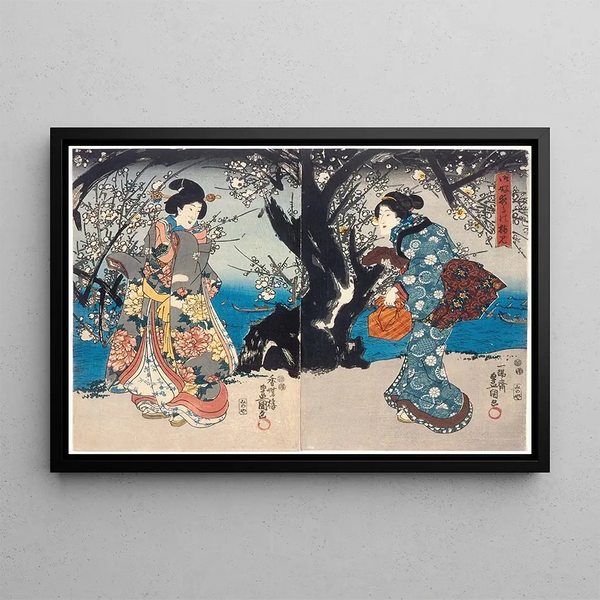 Appreciating the Plum Blossom Flowers in the Evening - Utagawa Kunisada Toyokuni III — framed artwork on a wall