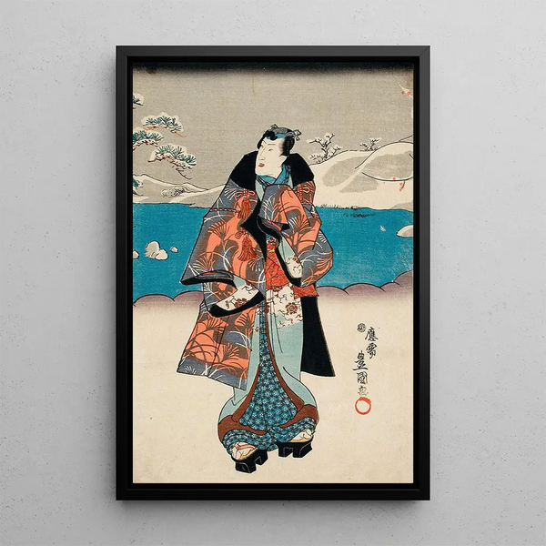 Homme à la Mode Observant la Neige - Utagawa Kunisada Toyokuni III — framed artwork on a wall
