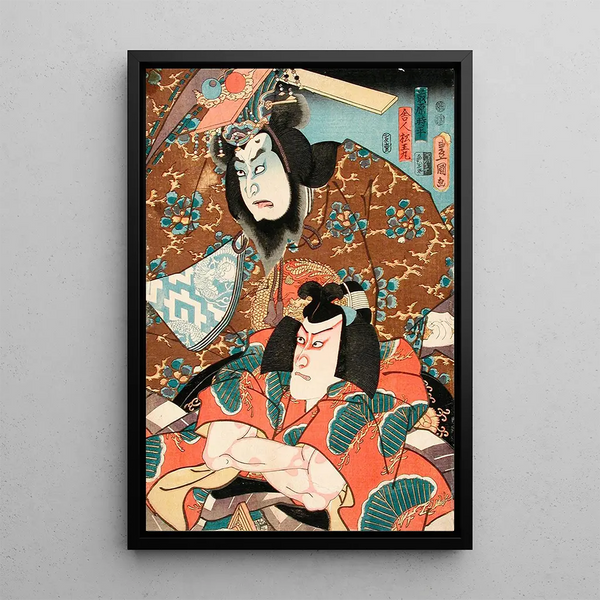 Fujiwara no Tokihira and Toneri Matsumaru Painting from the Sugawara Denj Tenarai Kagami - Utagawa Kunisada Toyokuni III — framed artwork on a wall