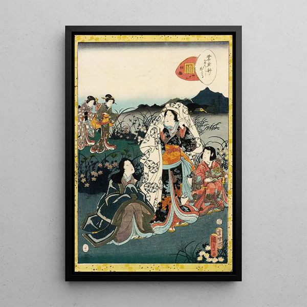 Murasaki Shikibu hiding from The Tale of Genji, Night Plum Chapter - Utagawa Kunisada Toyokuni III — framed artwork on a wall