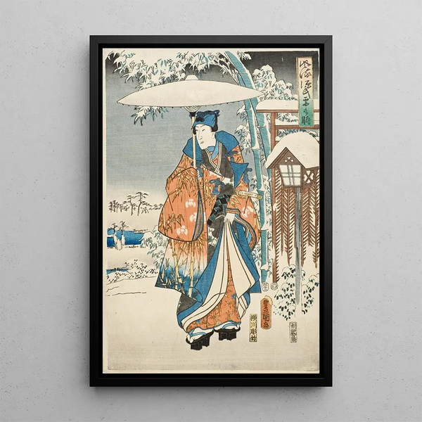 Murasaki and Genji Observing the Snow - Utagawa Kunisada Toyokuni III — framed artwork on a wall