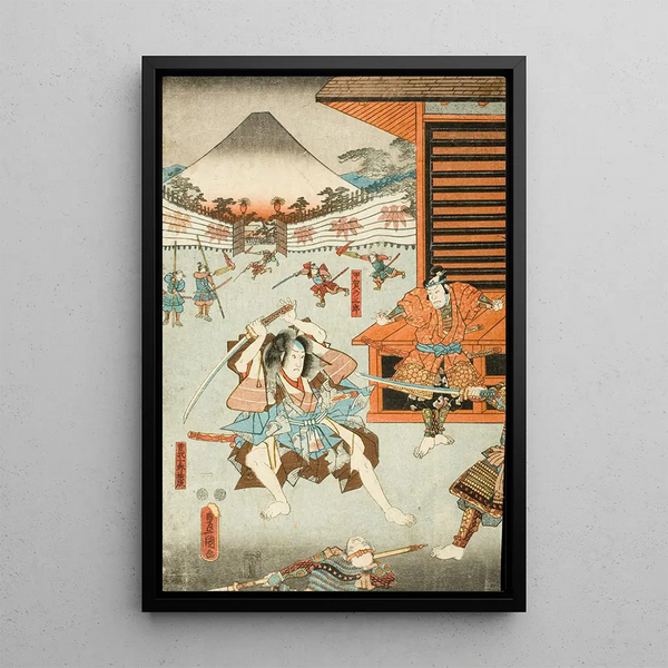 Night Attack of the Soga Brothers, Soga no Jūrō Sukenari and Koga no Saburō - Utagawa Kunisada Toyokuni III — framed artwork on a wall