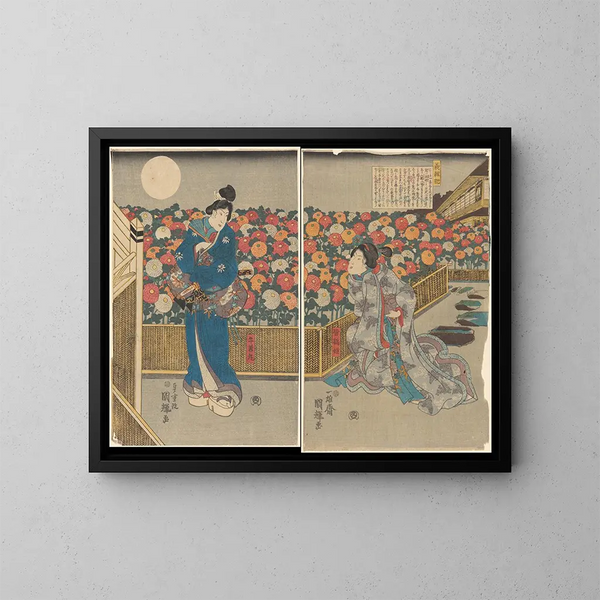 Night scene in the green house or Yoshiwara - Utagawa Kunisada Toyokuni III — framed artwork on a wall