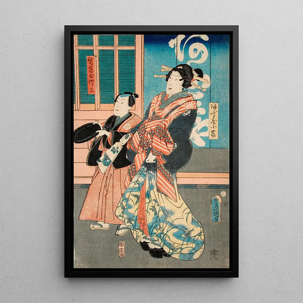 uji de Miya and his servant Tsuruya Denzō - Utagawa Kunisada Toyokuni III — framed artwork on a wall