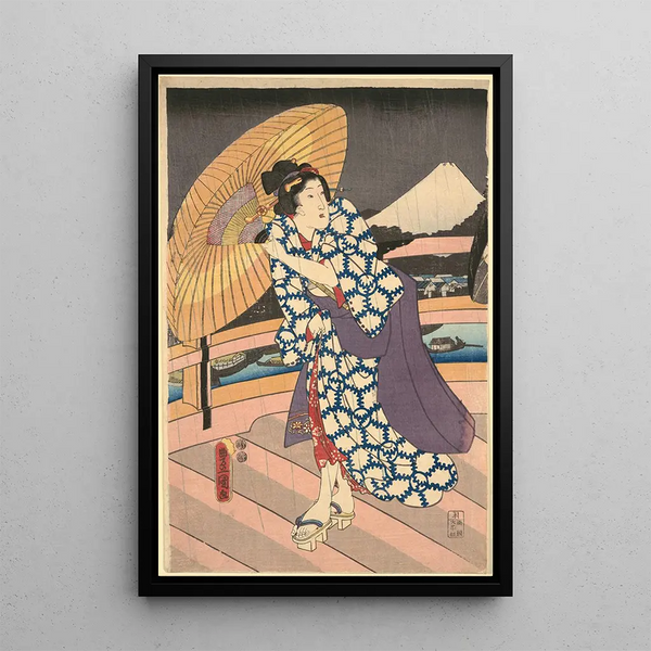Rainy scene on a bridge - Utagawa Kunisada Toyokuni III — framed artwork on a wall