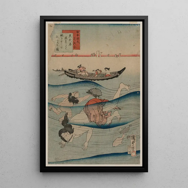 the Genji rustic poetry contest, Mitsuuji's excursion to the seaside to watch the abalone diving - Utagawa Kunisada Toyokuni III — framed artwork on a wall