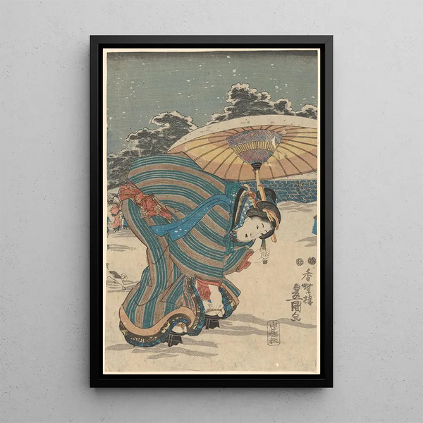 Snow scene, woman bending to adjust her shoe - Utagawa Kunisada Toyokuni III — framed artwork on a wall