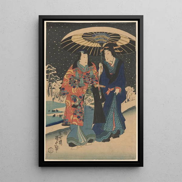 Snow scene, woman in blue, man in red and blue under a black and white umbrella - Utagawa Kunisada Toyokuni III — framed artwork on a wall