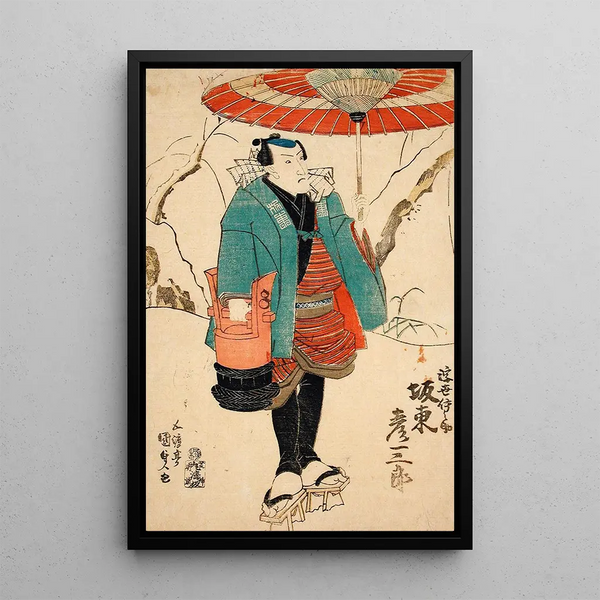 Actor Bandō Hikosaburō in Ukiyo Inosuke in Sekai ha Taira ume no kaomise - Utagawa Kunisada Toyokuni III — framed artwork on a wall