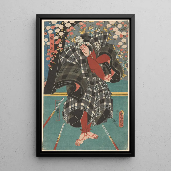 Actor Ichikawa Danjūrō in checkered costume - Utagawa Kunisada Toyokuni III — framed artwork on a wall