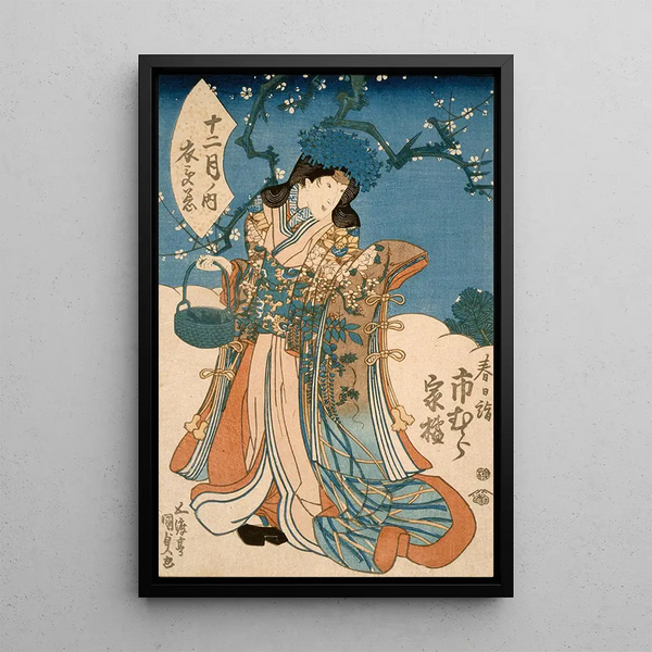 Actor Ichimura Kakitsu in a female role representing the second month - Utagawa Kunisada Toyokuni III — framed artwork on a wall