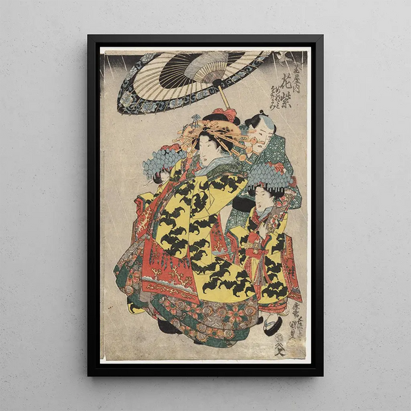 Les courtisanes Hanamurasaki et Koshikibu from the Tamaya house strolling in the rain - Utagawa Kunisada Toyokuni III — framed artwork on a wall