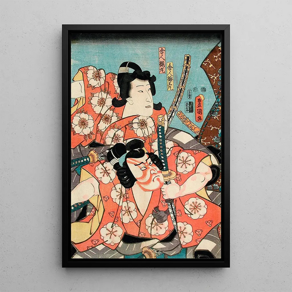 Toneri Umemaru and Toneri Sakuramaru from the piece Sugawara Denj Tenarai Kagami - Utagawa Kunisada Toyokuni III — framed artwork on a wall