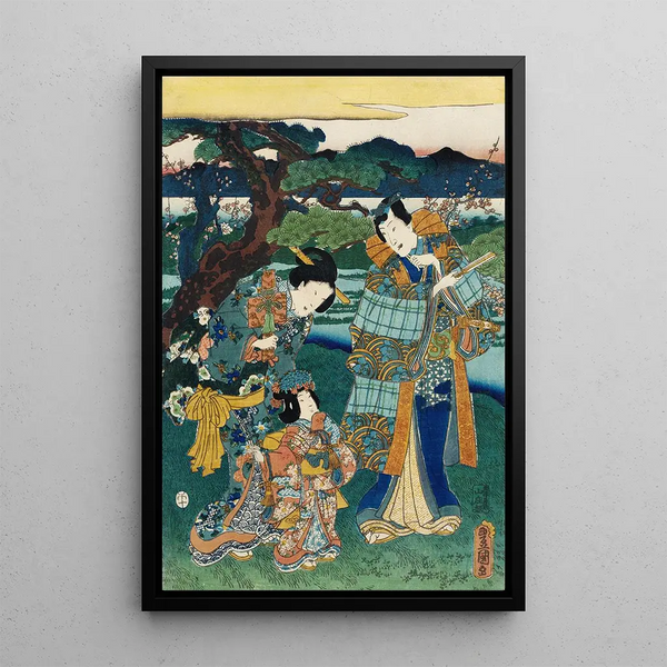 Contemplation of the plum blossom flowers - Utagawa Kunisada Toyokuni III — framed artwork on a wall