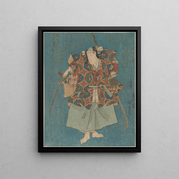 Warrior in fine green, blue, red, yellow, and silver - Utagawa Kunisada Toyokuni III — framed artwork on a wall