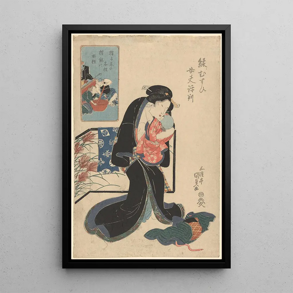 a woman holding a baby - Utagawa Kunisada Toyokuni III — framed artwork on a wall