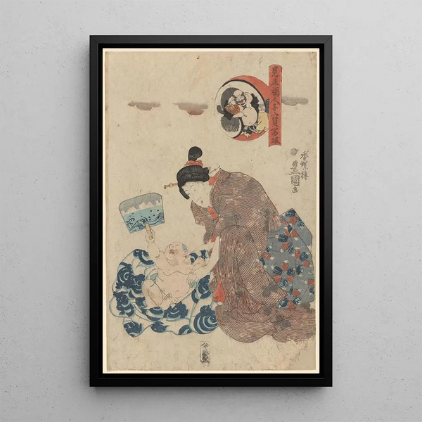 a woman caring for a baby - Utagawa Kunisada Toyokuni III — framed artwork on a wall