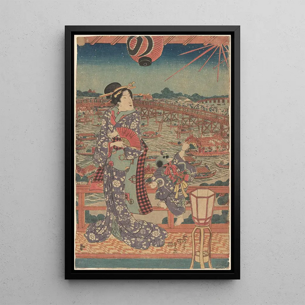 Woman and child in purple kimono overlooking boats and a bridge - Utagawa Kunisada Toyokuni III — framed artwork on a wall