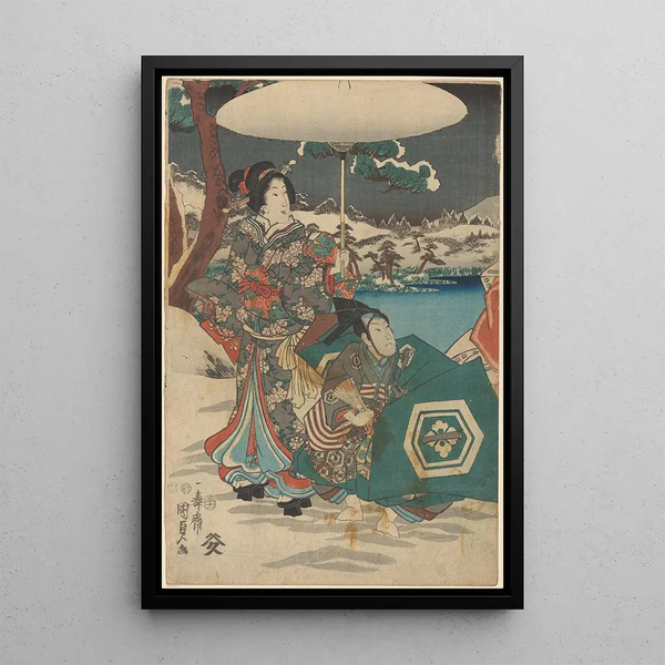 Woman and male servant in the snow Woman holding a white umbrella - Utagawa Kunisada Toyokuni III — framed artwork on a wall