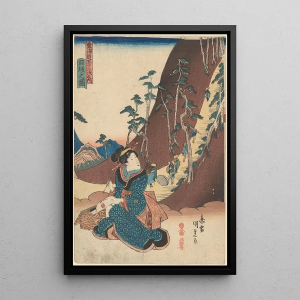 Woman at the Foot of a Mountain Path in Hizaka - Utagawa Kunisada Toyokuni III — framed artwork on a wall