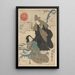 Snow scene in December Girl and woman with olive green hood and fan - Utagawa Kuniyoshi — framed artwork on a wall