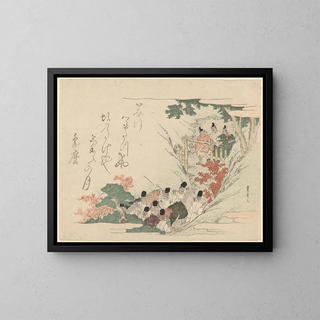 Hommes avec des chevaux dans un passage montagneux - Utagawa Toyohiro — framed artwork on a wall