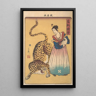 Utagawa Yoshimori - Dutchwoman with Leopard from the series Pictures of Birds and Animals Chj zue.webp