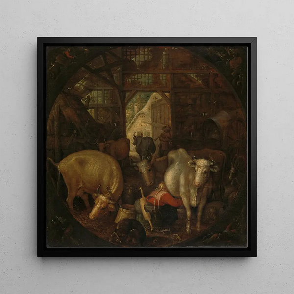 Cows in a barn, witches in the four corners - Roelant Savery — framed artwork on a wall