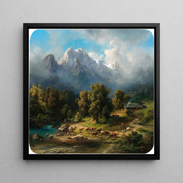 cows grazing near an alpine lake - Carl Millner — framed artwork on a wall