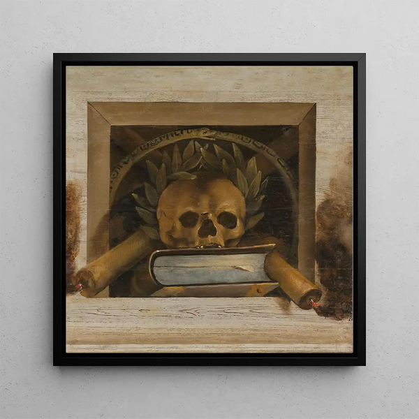 Vanité Nature morte with skull, laurel crown, book, and two lit candles - Jacob van Campen — wall display of the artwork