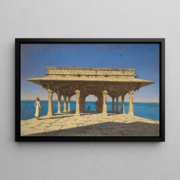 Evening on a lake A pavilion on the marble quay in Rajnagar principality of Udaipur - Vasily Vereshchagin — framed artwork on a wall