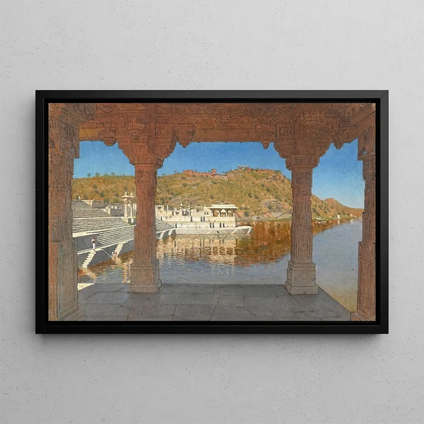 Barrage de marbre de Rajnagar décoré de bas-reliefs sur un lac à Udaipur - Vasily Vereshchagin — framed artwork on a wall