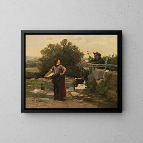 Woman washing and boy talking by the stream - Václav Brožík — framed artwork on a wall