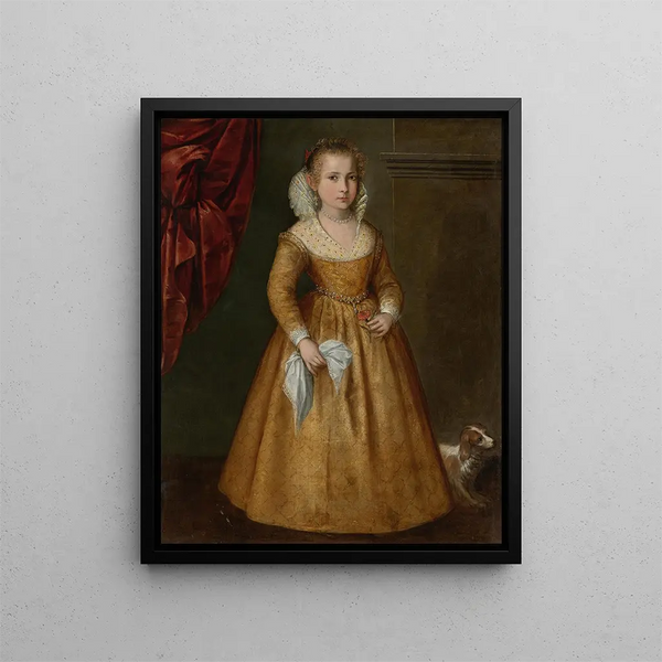 Portrait of a Girl with Her Dog - Venetian School — framed artwork on a wall