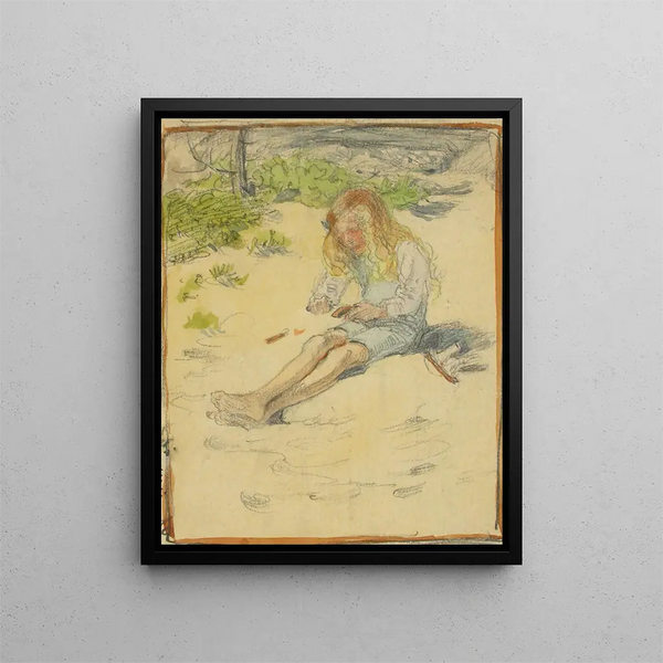 Antti sculpting a boat in bark - Venny Soldan-Brofeldt — framed artwork on a wall