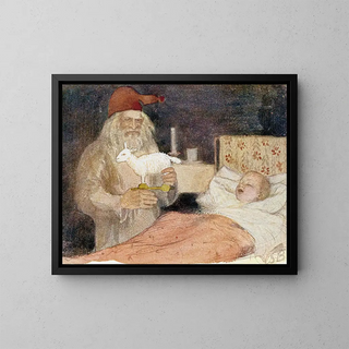 The Father Christmas bringing a gift near the child's cradle - Venny Soldan-Brofeldt — framed artwork on a wall