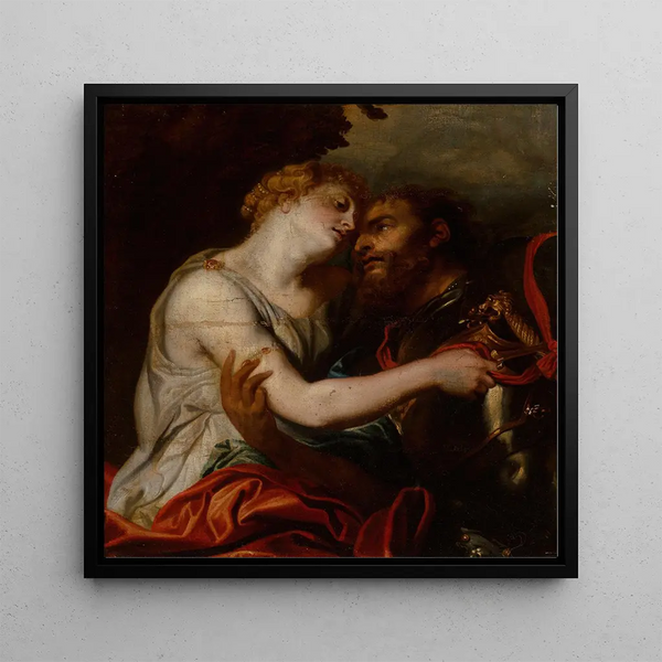 Venus disarming Mars - Follower of Anthony van Dyck — framed artwork on a wall