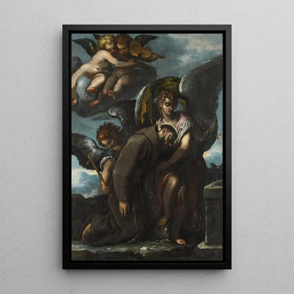 Saint François supported by angels - Veronese School — framed artwork on a wall