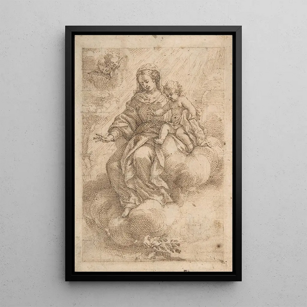 Madone and Child sitting on clouds - Vicente Salvador Gómez — framed artwork on a wall