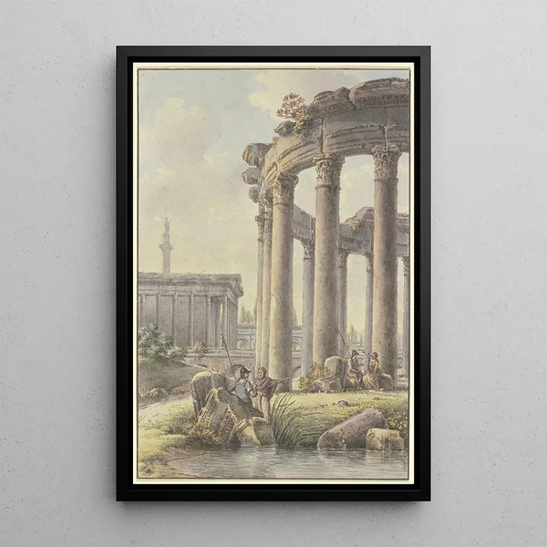 Caprice architectural Ruins of a round temple with Trajan's column in the background - Victor Jean Nicolle — framed artwork on a wall