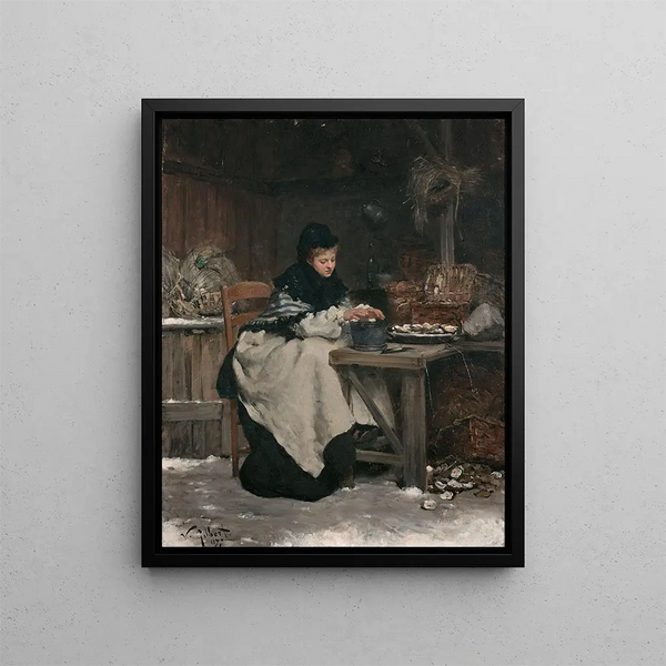 Woman sitting at a table, warming her hands after opening oysters - Victor Gabriel Gilbert — framed artwork on a wall